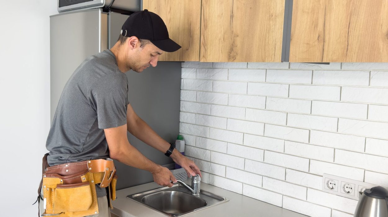 Commercial handyman repairing sink faucet